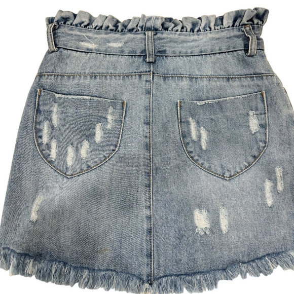 Hayden Light denim mini skirt, ruffled waist, frayed Hemline, Vintage Vibe Small - Picture 7 of 9
